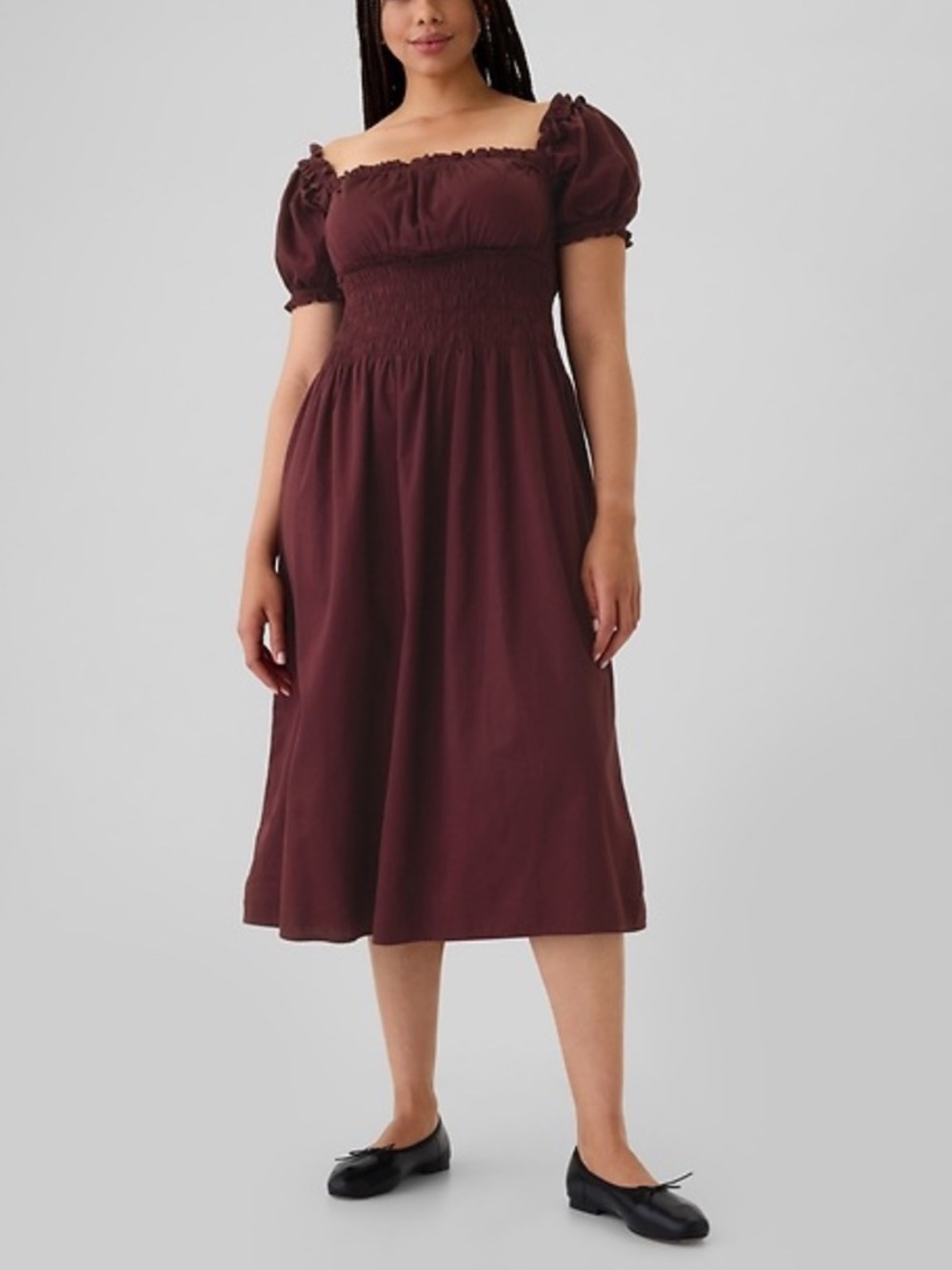 Gap Doen-like cotton ruffled smocked cap sleeve midi dress